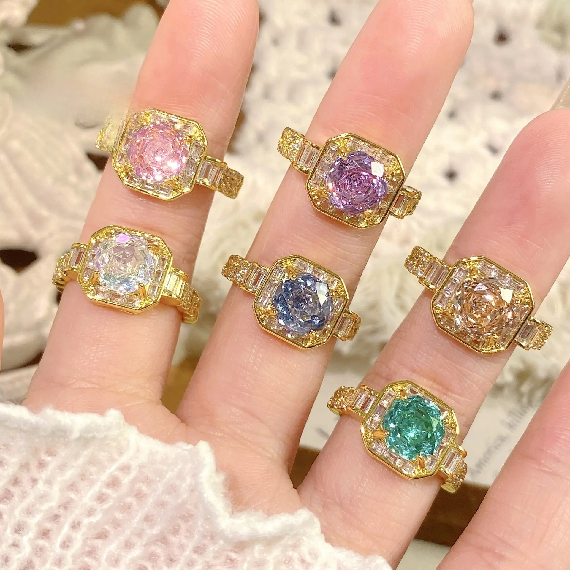 Women's Best-Selling Octagonal Millennium Rose Cut Multi Gemstone Ring - Inlaid with High-Carbon Diamonds, Square Purple Diamond, Tanzanite Blue Stones, Adjustable, Model aC30044-JZ