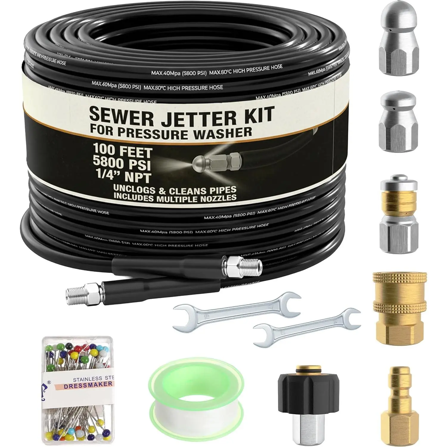 Hydro Jetter, Hydro Jet, Hydrojet,  Washer Drain Cleaner, 100 Ft |  Sewer Jetter Kit for  Washer, Water Jet Drain Cleaner, Sewer Line Cleaning, Culvert Cleaning Tool
