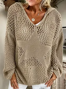 Plus Size Elegant Casual Hollow Out Hooded Knit Sweater, V Neck Loose Long Sleeve Pullover, Winter Party Office for Women Knitwear