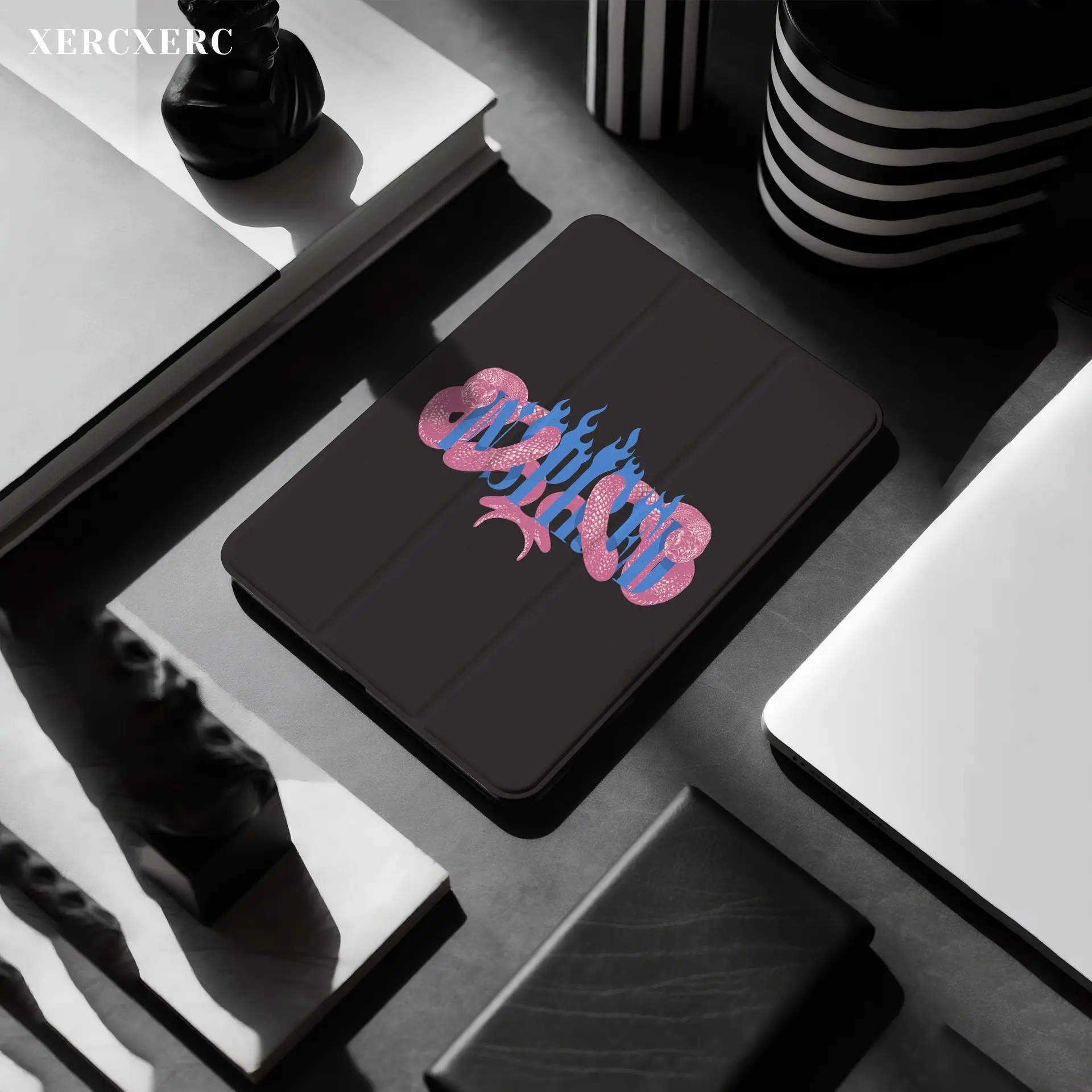 iPad case ipad accessories Pink Snake & Blue Flames 'INSPIRED' Printed PU TPU Flip iPad Case, Tri-fold Stand, Pen Slot, Shockproof Drop-proof, Auto Wake/Sleep, Back to School Gift - Pro 12.9/11/10.9 (2025/2024), Air 10.9/10.5, Mini 8.3, Galaxy Tab S10+/S9