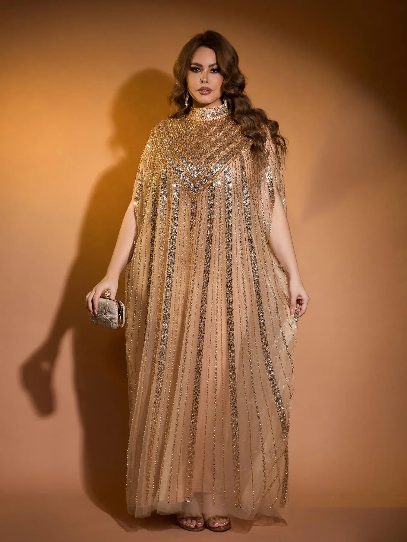 JINLICX Luxury Gold Sequin Beaded Kaftan Embroidery Abaya One Size High‑Neck Cape Sleeve Long Evening Party Robe CXD28