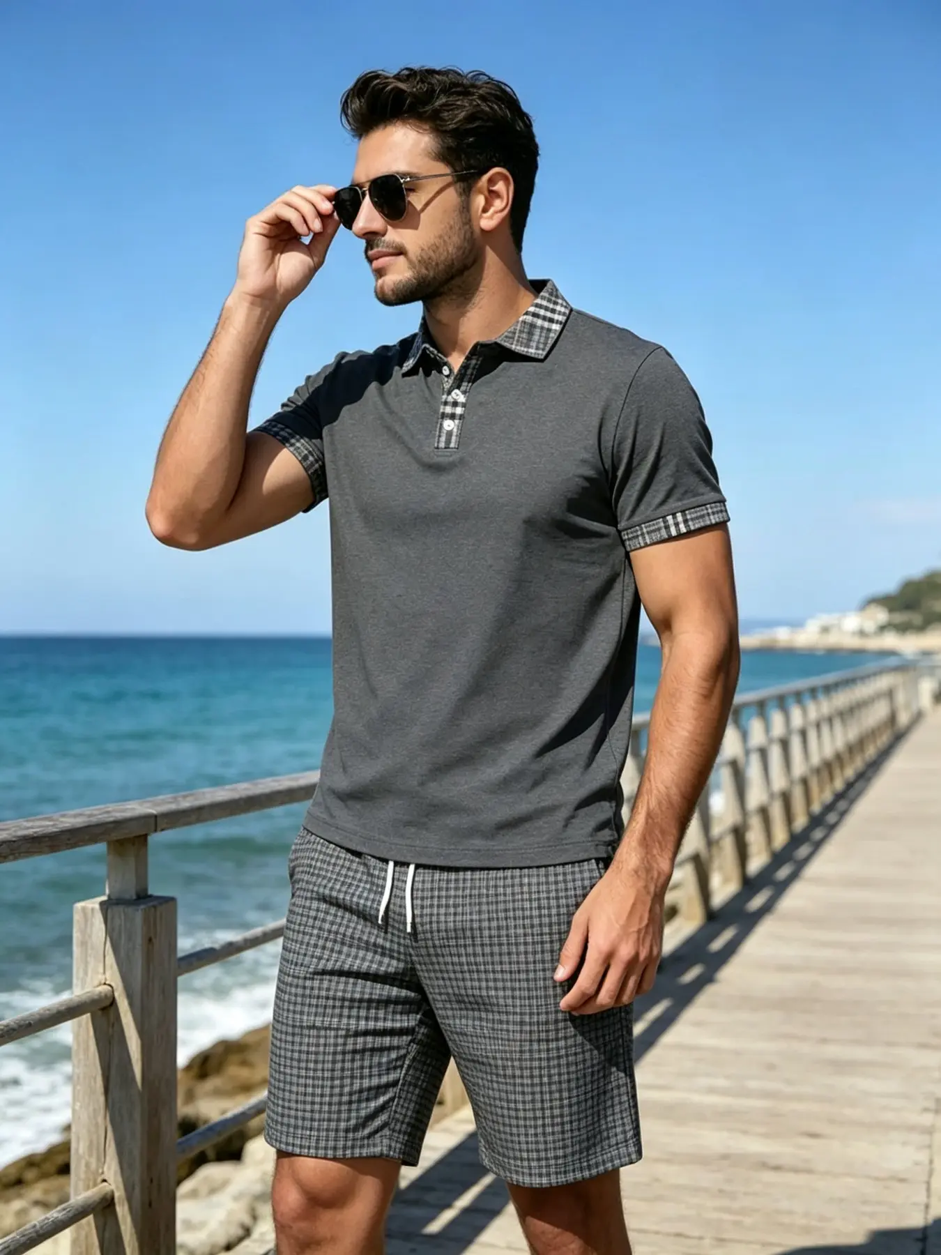 Summer Men's Dark Plaid Patchwork Polo Two-Piece Set, Beach Vacation Breathable Drawstring Shorts, Casual Loose-Fitting T-Shirt