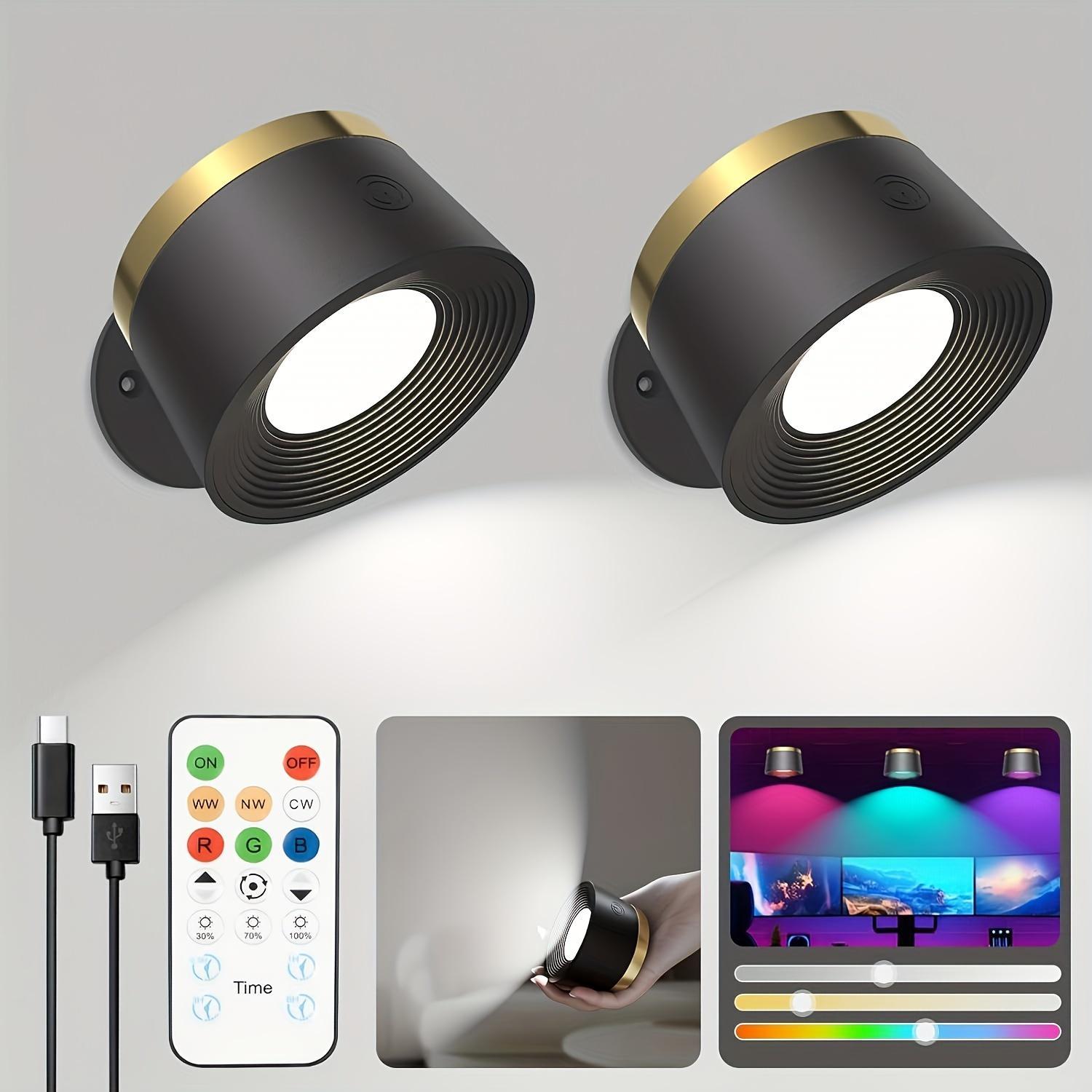 USB Rechargeable Smart LED Wall Light, 1/2 Counts RGB Night Light with Remote Control, 360° Rotatable Spotlight for Bedroom, Bedside, Display Wall, Cabinet, Hallway, Game Room