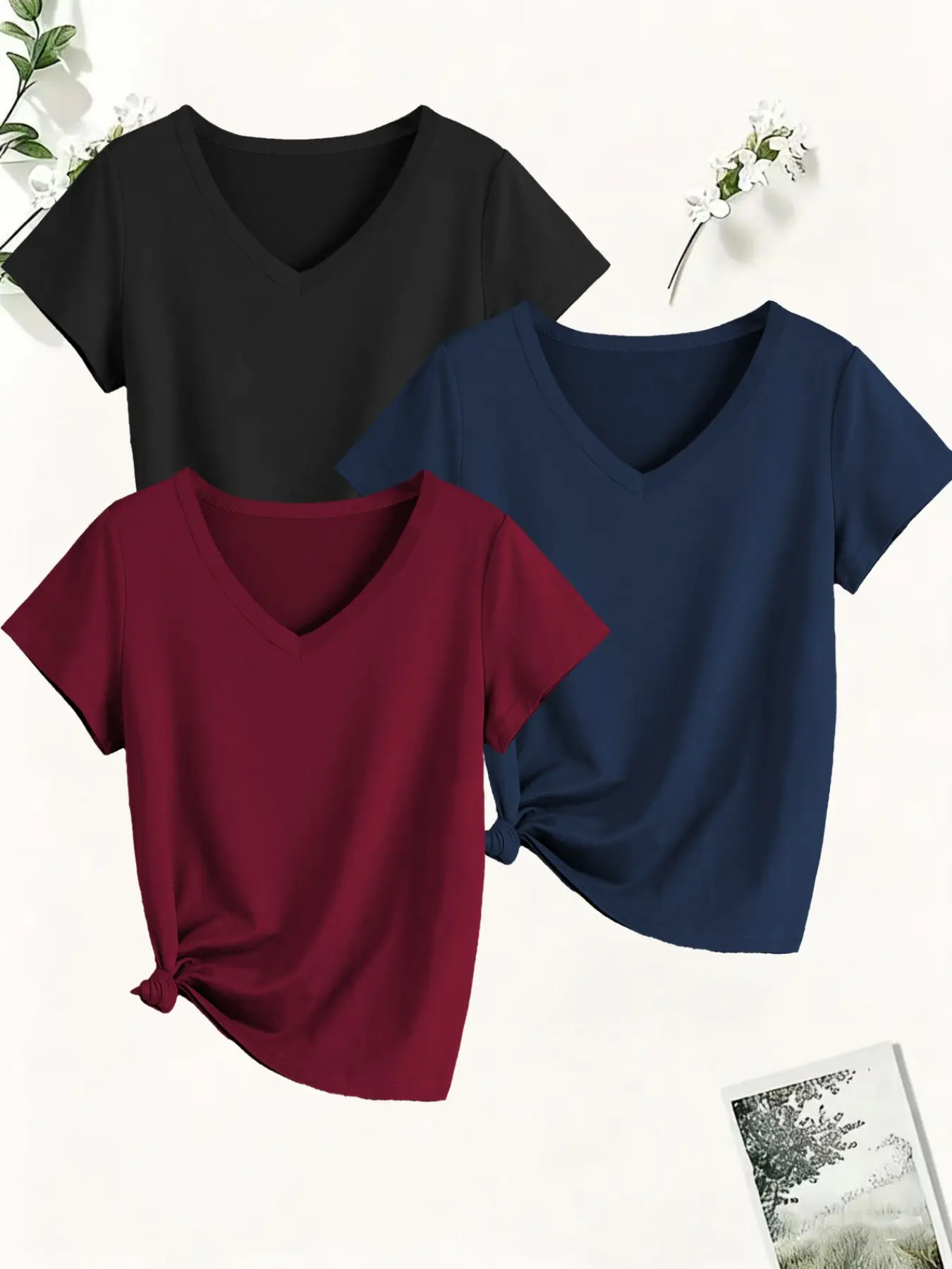 Women's Solid Color Three-Piece Set, V-Neck T-Shirt, Slim-Fit, Casual Short Sleeve, All Seasons, Home & Outdoors Wear