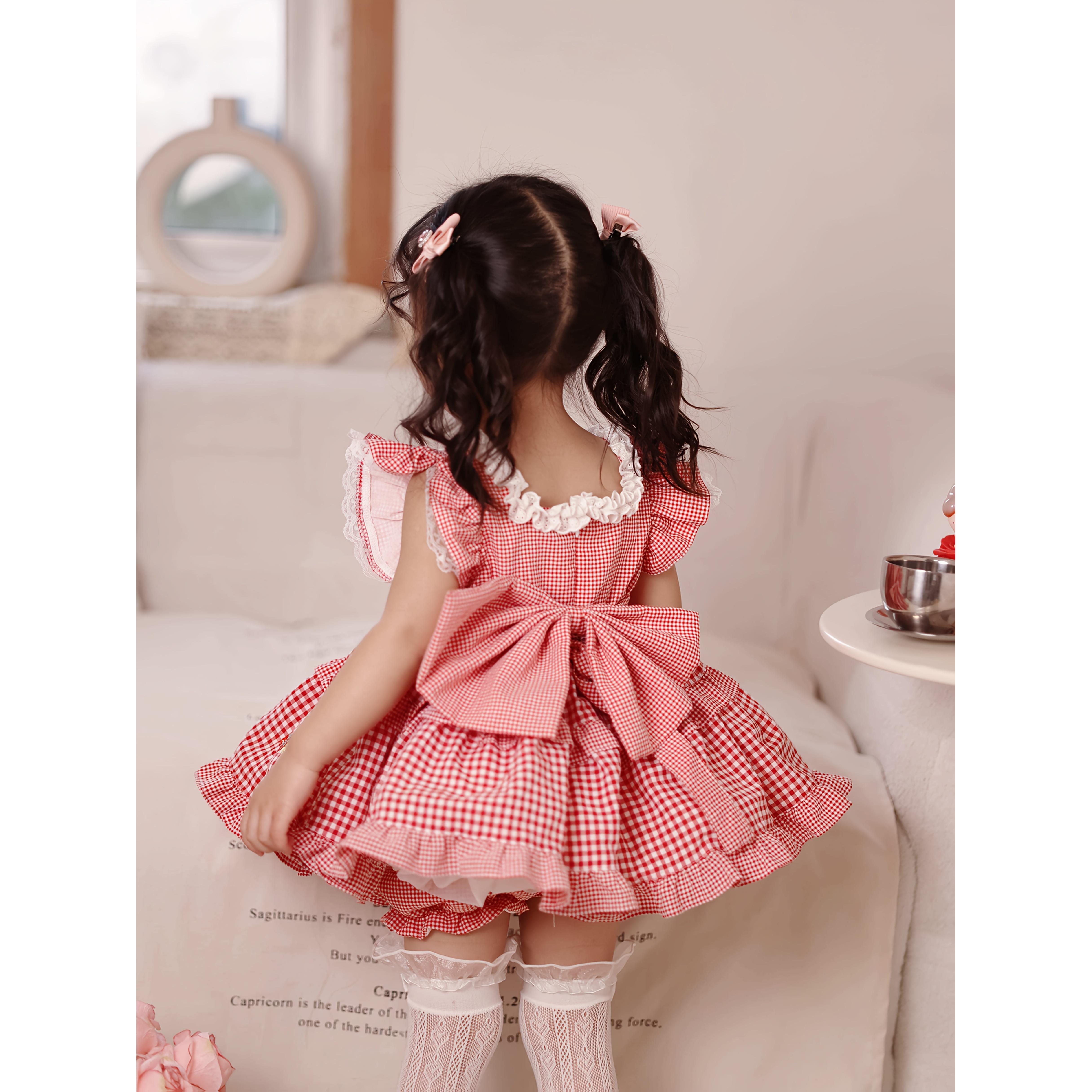Girls' Retro Cherry Print Short Dresses - Loose-Fit Summer Party Ready Dress with Bow Waist Accessory, Elastic Sock-Style Leg Warmers, Non-Stretch Fabric, Easy Care for Theme Parties & Daily Play (No Petticoat Needed)