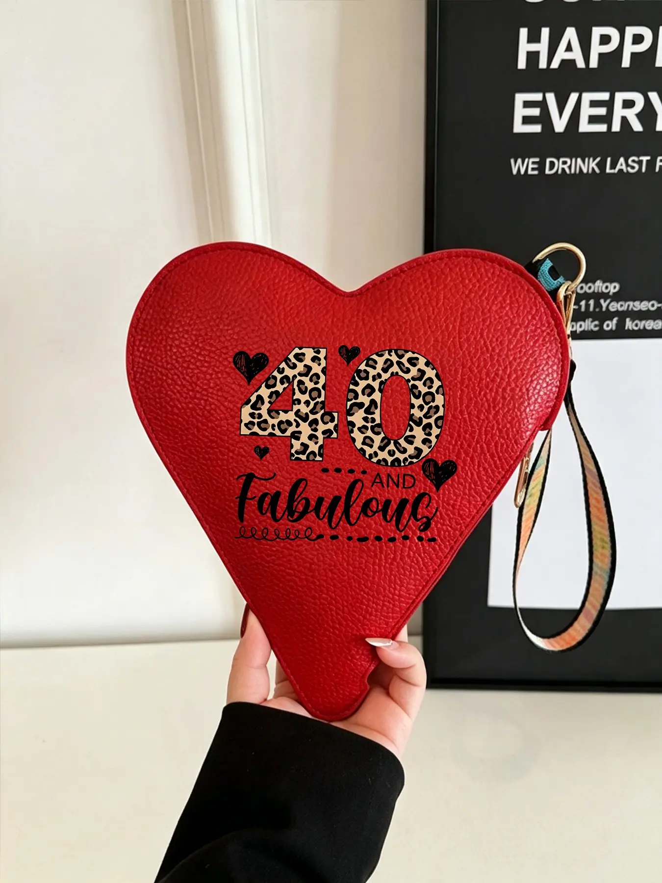 40th Birthday Heart Shape Wristlet Clutch, Leopard Print Leather Purse, Love Letter Strap, Casual Handbag for Women, All Seasons