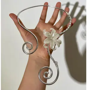 Iridescent Iris Flower Necklace with Spiral Adjustable Chain, Jewelry Accessory