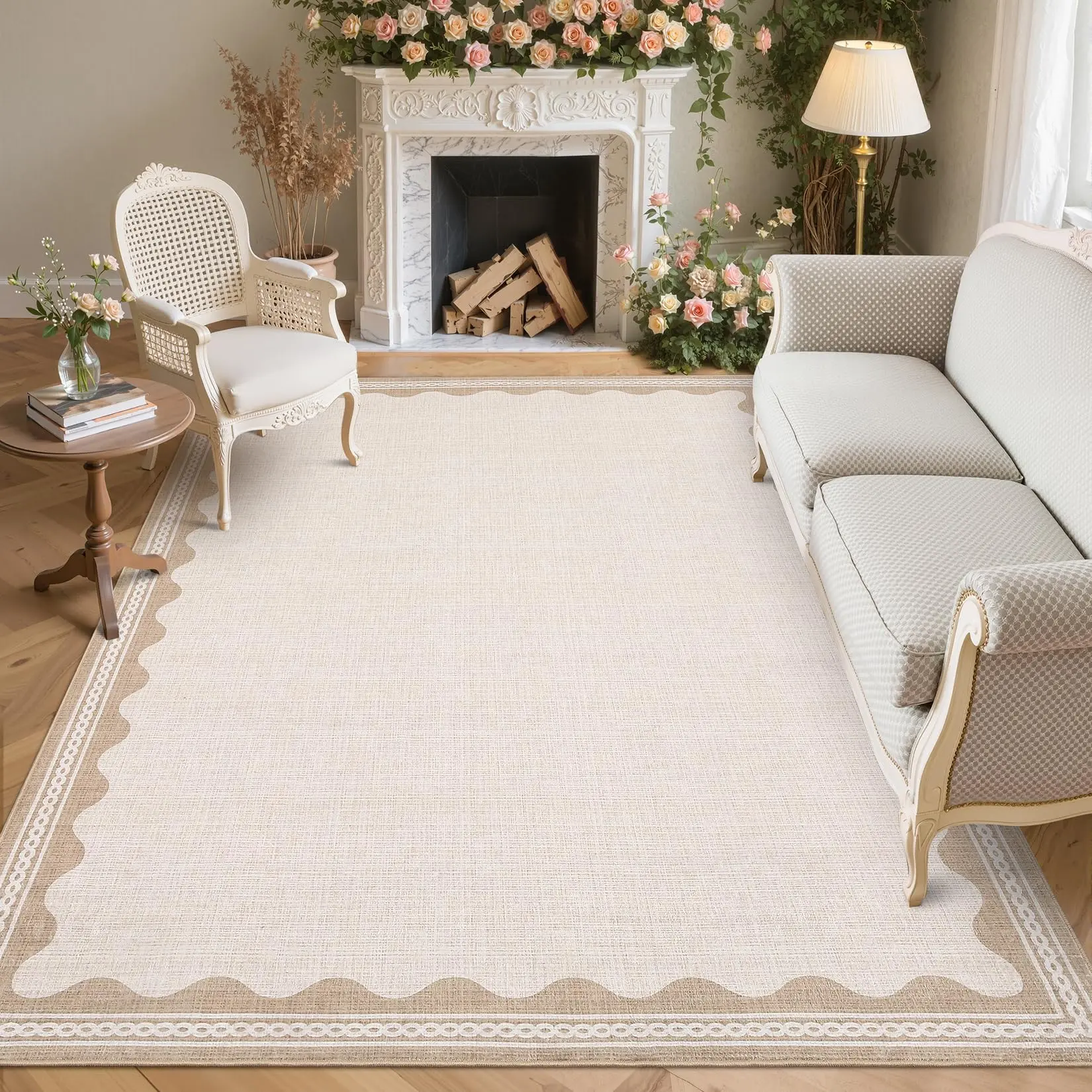 Garvee Scalloped Beige 8x10 Rug for Living Room, Washable Non-Slip Low-Pile Carpet with Rubber Back, Modern Minimalist Design for Bedroom, Dining, and Nursery Spaces