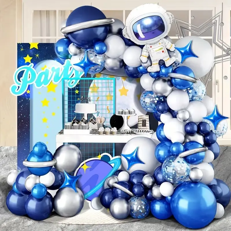 106 Piece Astronaut Balloon Garland Set, Galaxy Blue Silver Balloon Arch with Planet Star Mylar Balloons, Boy Birthday Party Decorations