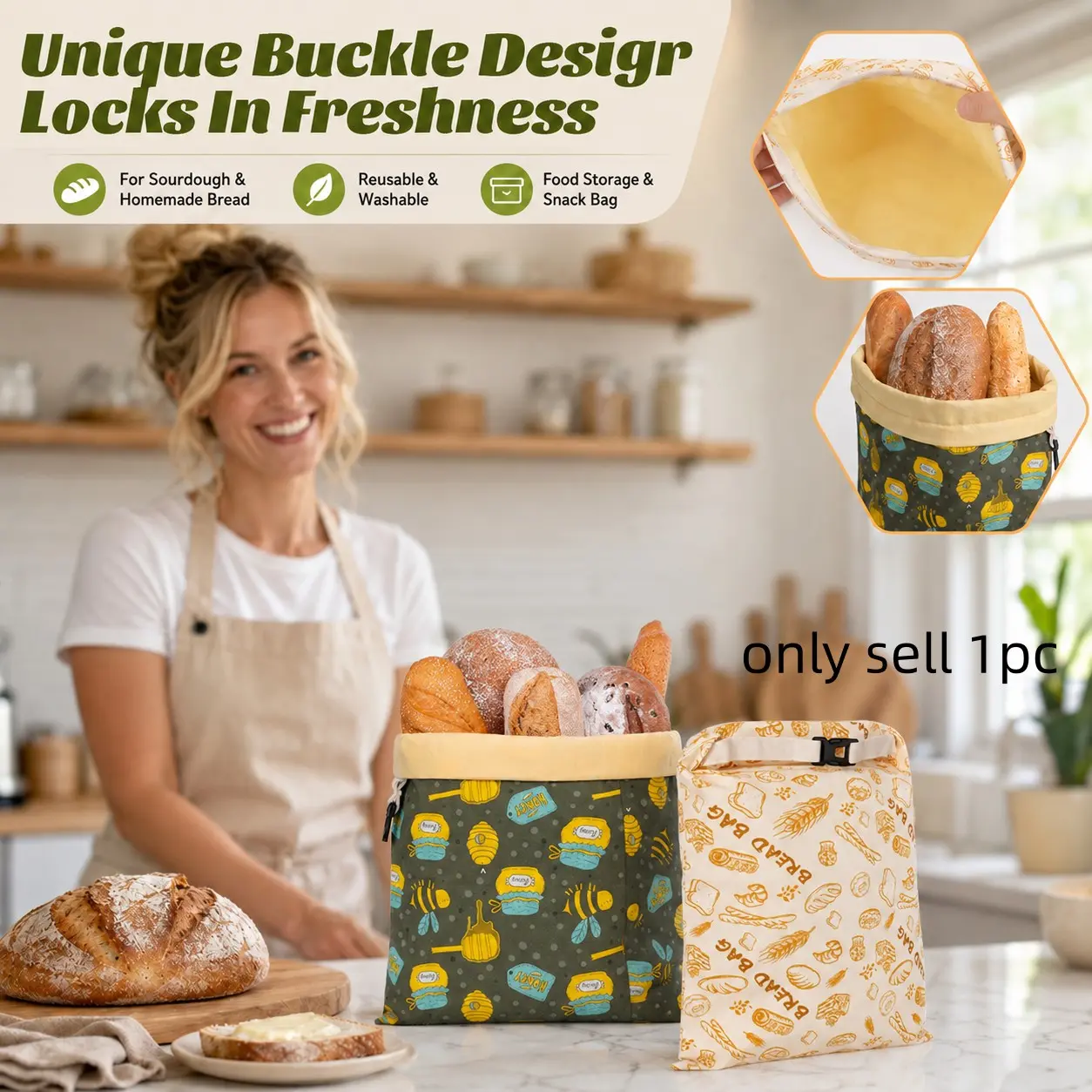 Reusable Beeswax Bread Bags, Large 17x13 Inch Washable Food Storage Bag with Buckle Closure, Breathable Beeswax-Coated Wrap,Food Storage Bags, Snack Bags, for Sourdough Loaves, Homemade Bread, Snacks, Freezer, Fridge, Travel, Home Baking and Daily