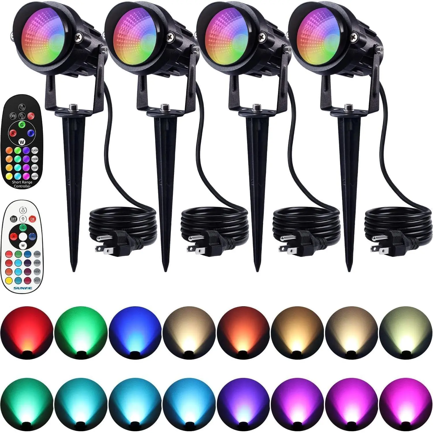 Spot Lights Outdoor 12W RGBW Color Changing Landscape Lights with Remote Control 120V RGB Landscape Lighting Waterproof Outdoor Spotlights for Yard Garden Patio Lawn Decorative, 4 Pack