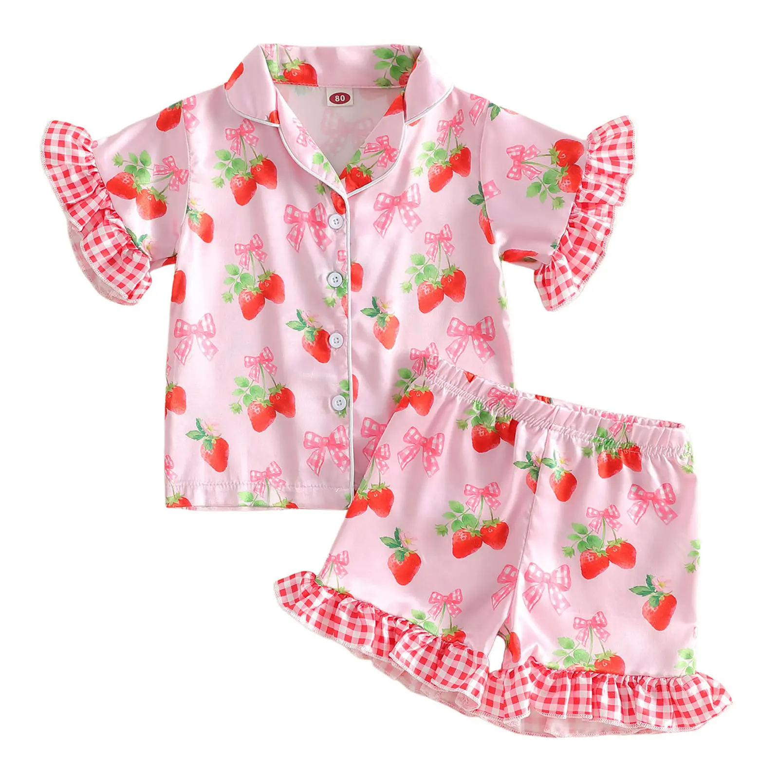 Toddler Baby Girl 2-Piece Polyester Sleepwear Set, 12-24 Months/2-3 Years, 100 cm, Cute Strawberry Bow Print, Ruffle Short Sleeve Lapel Button-Down Top & 1 Pair of Shorts, Silk-Like Loungewear