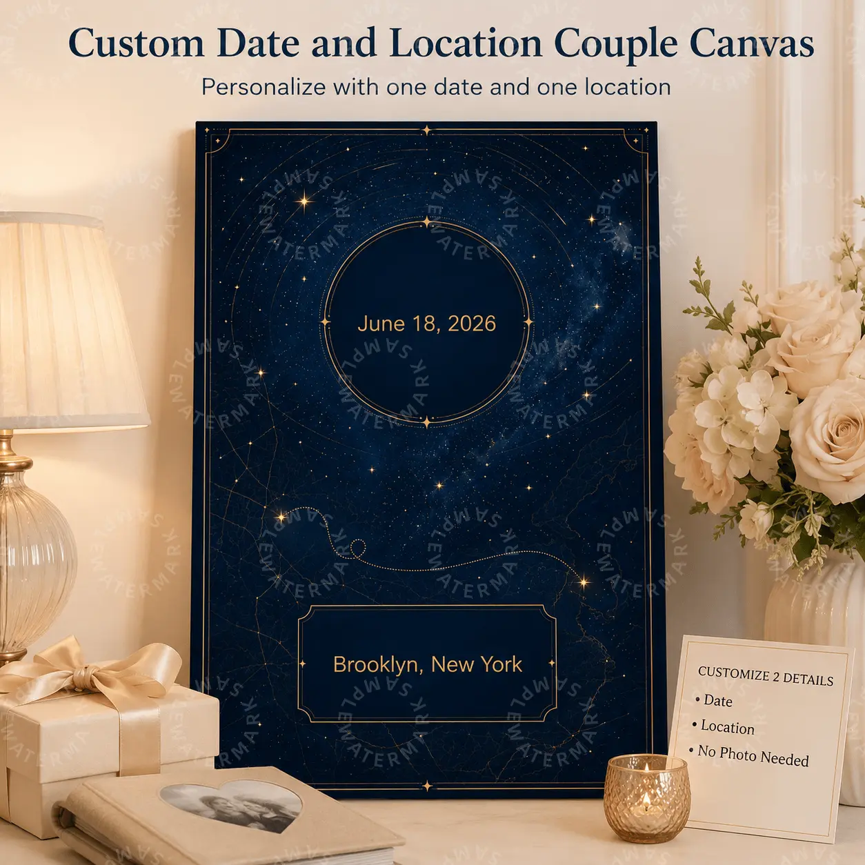 Custom Starry Sky Constellation Couple Canvas Wall Art, Personalized Date Location Night Star Map Poster, Dark Navy Luxury Aesthetic Decor for Bedroom Living Room, Wedding Anniversary Valentine Gift