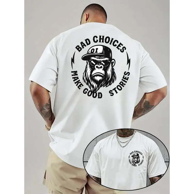 Summervibes Bad Choices Make Good Stories Gorilla Graphic Unisex T-Shirt, Front And Back Print Short Sleeve Tee With Durable Printed Craft, Loose Fit Soft Breathable Casual Streetwear Top, Trendy Slogan Animal Print Shirt For Daily Outdoor Fashion