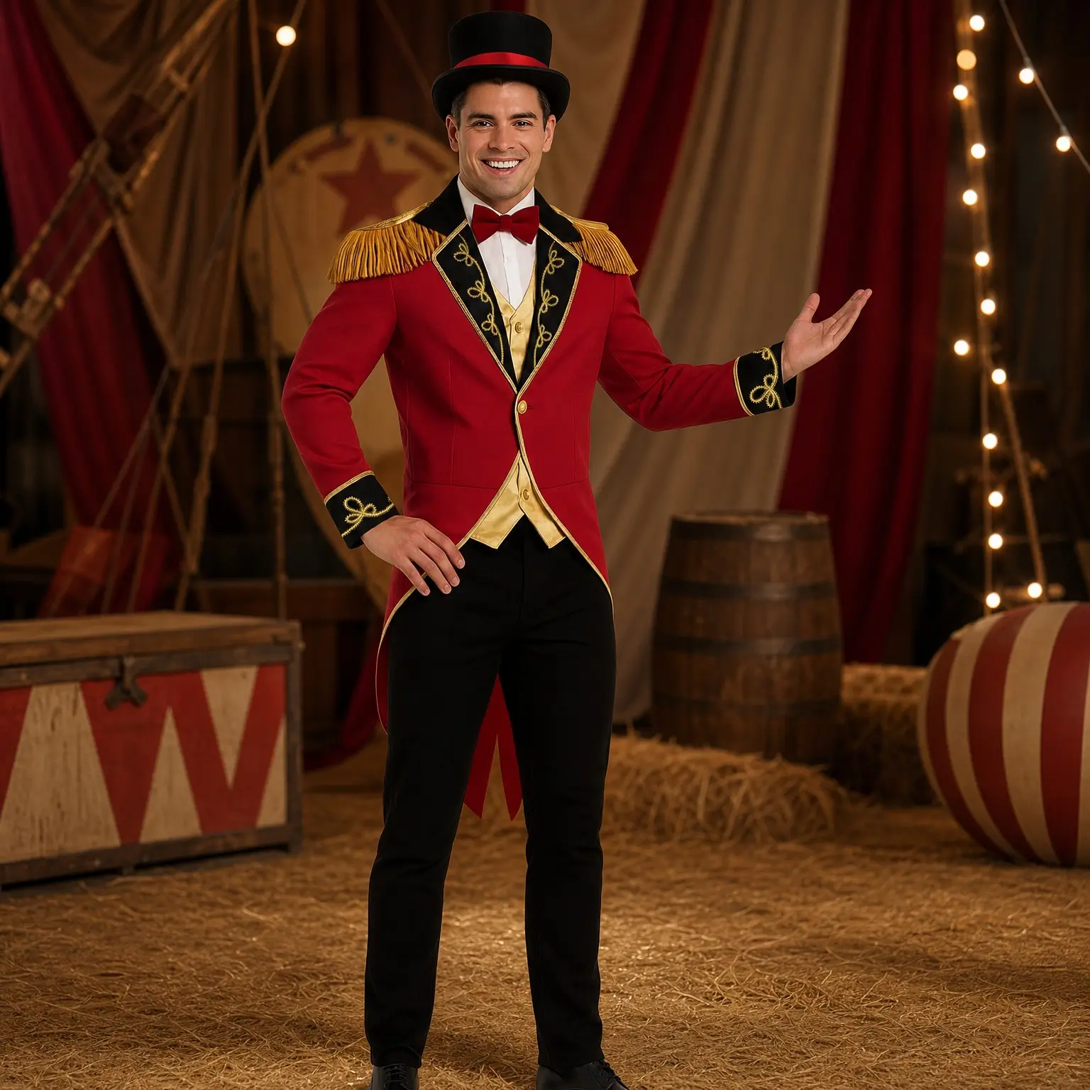 Men's Ringmaster Circus Costume | Red Tailcoat Jacket with Attached Waistcoat, Shirt, Bowtie & Hat Included | Halloween Dress-Up Outfit(Gift)