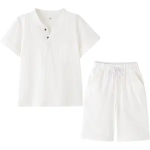 Boy's T-Shirt and Shorts Set Cotton Linen Summer Short Sleeve Children Two Pieces Clothing Pants Sets(Gift)