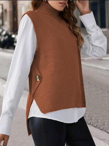 Women's Plain Button Detail High Low Split Sweater Vest, Casual Turtleneck Sleeveless Knit Top, Ladies Fall & Winter Clothes for Daily Wear