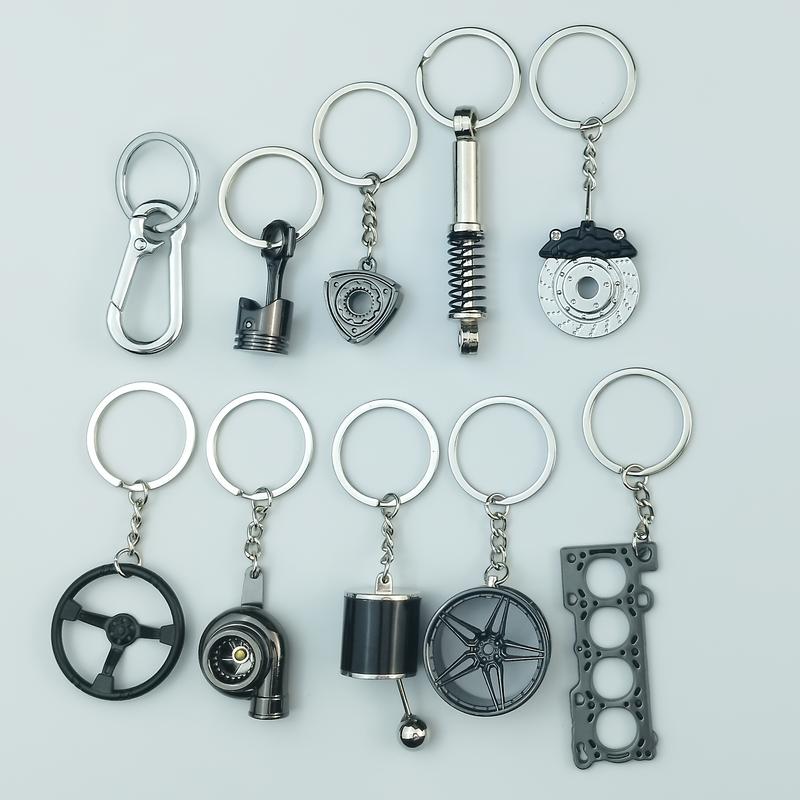 Car Enthusiast Keychain Set 10 Pieces Zinc Alloy Casual Style with Gear Shift Lever Turbo Wheel Hub Shock Absorbers Engine Parts Brake Discs Pistons Perfect Gift for Car Enthusiasts gifts for bestfriend