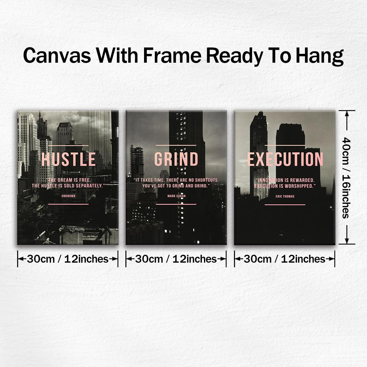 Wooden Framed Canvas Painting, 3 Counts/set Urban Inspirational Letter Decorative Painting, Modern Art Poster for Office Home Dormitory Dining Room Bar