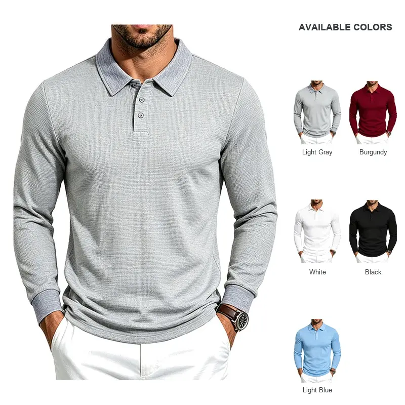 Men's Fall Waffle Textured Long Sleeve Polo Shirt, Loose Vintage Solid Collared Top With 2 Button Placket, Breathable Casual Blouse for Daily Commute Business Office Outdoor Street Leisure Fashion Outfit