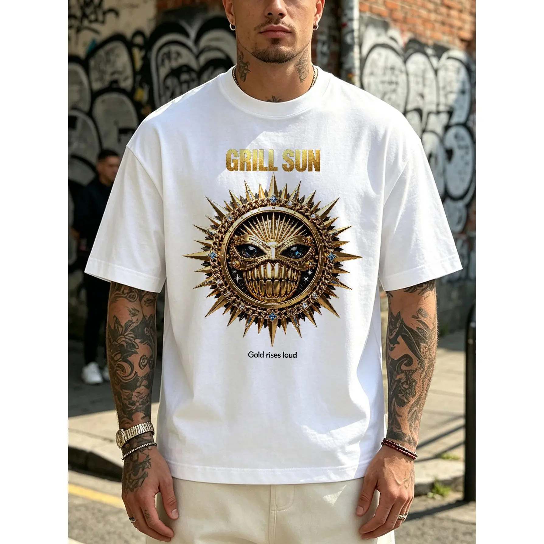 BBQ Party Gold Graphic T-Shirt for Men, Casual Short Sleeve Crew Neck Cotton Tee with Funny Barbecue Print