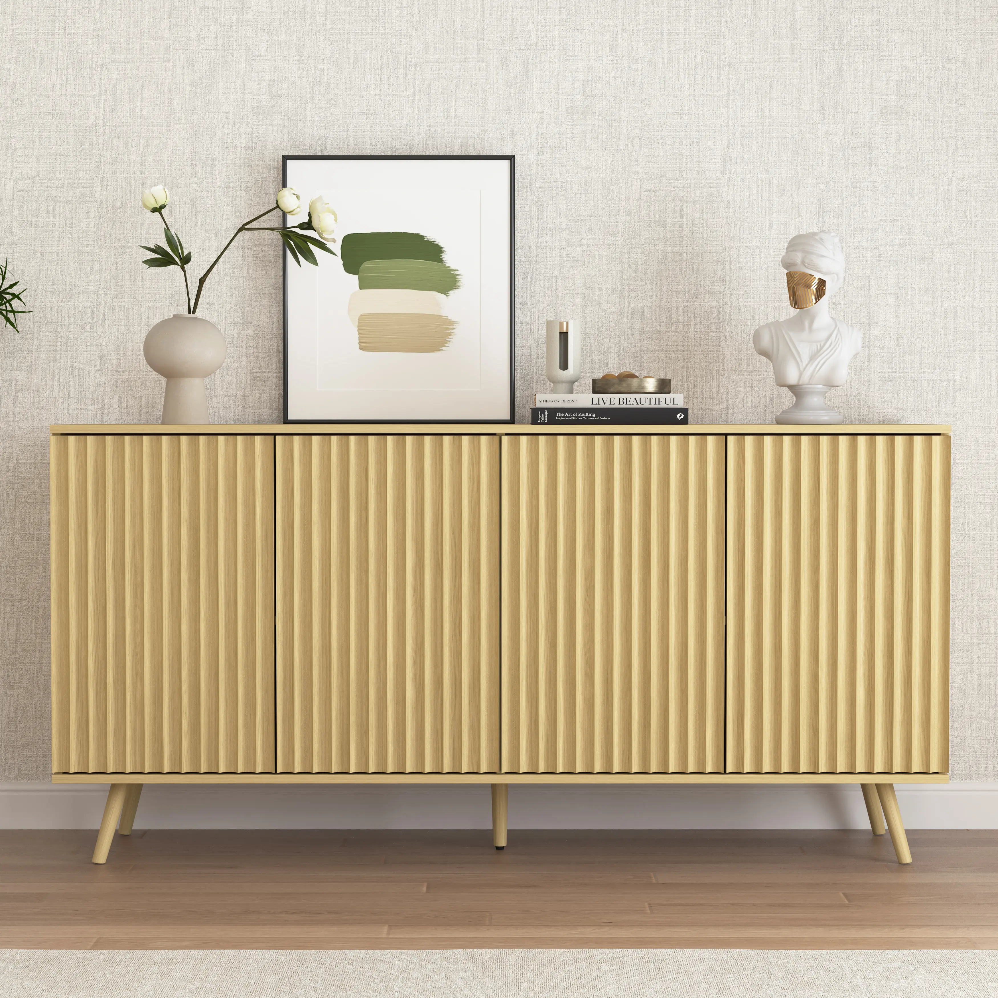 ARCH Sideboard Buffet Cabinet with Storage, Long Credenza Console Coffee Bar Cabinet, 4 Doors Wooden Adjustable Shelves, Natural Finish for Living Room Kitchen Dining Room Entryway Hallway, Living Room Table for Sofa Side, Bedroom, Office