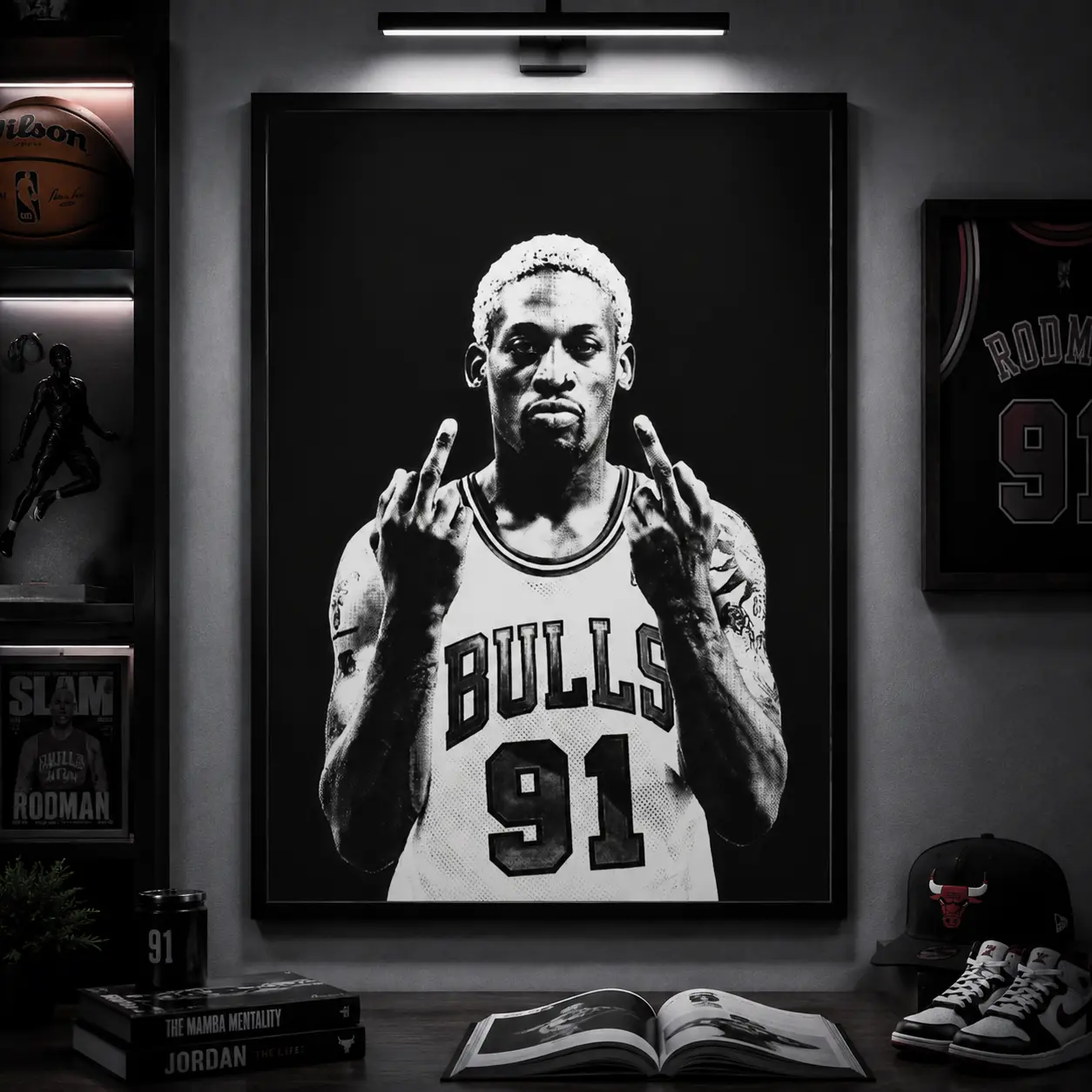 Dennis Rodman Chicago Bulls 91 Canvas Wall Art Poster NBA Basketball Black White Aesthetic Sports Decor Bedroom Living Room Man Cave Gift for Basketball Fans Iconic Defensive Legend Motivation Street Art Print