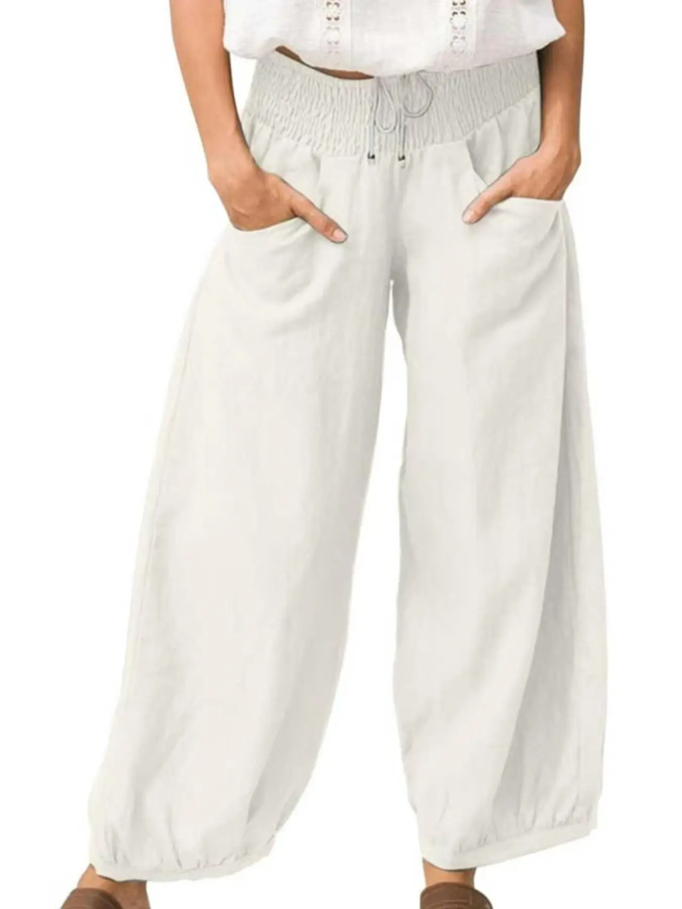 Women's Casual Loose-Fit Carrot-Leg Trousers, Pants, Elastic Waist, Ankle Length, Breathable Fabric, Perfect for Beach, Daily Wear, Office