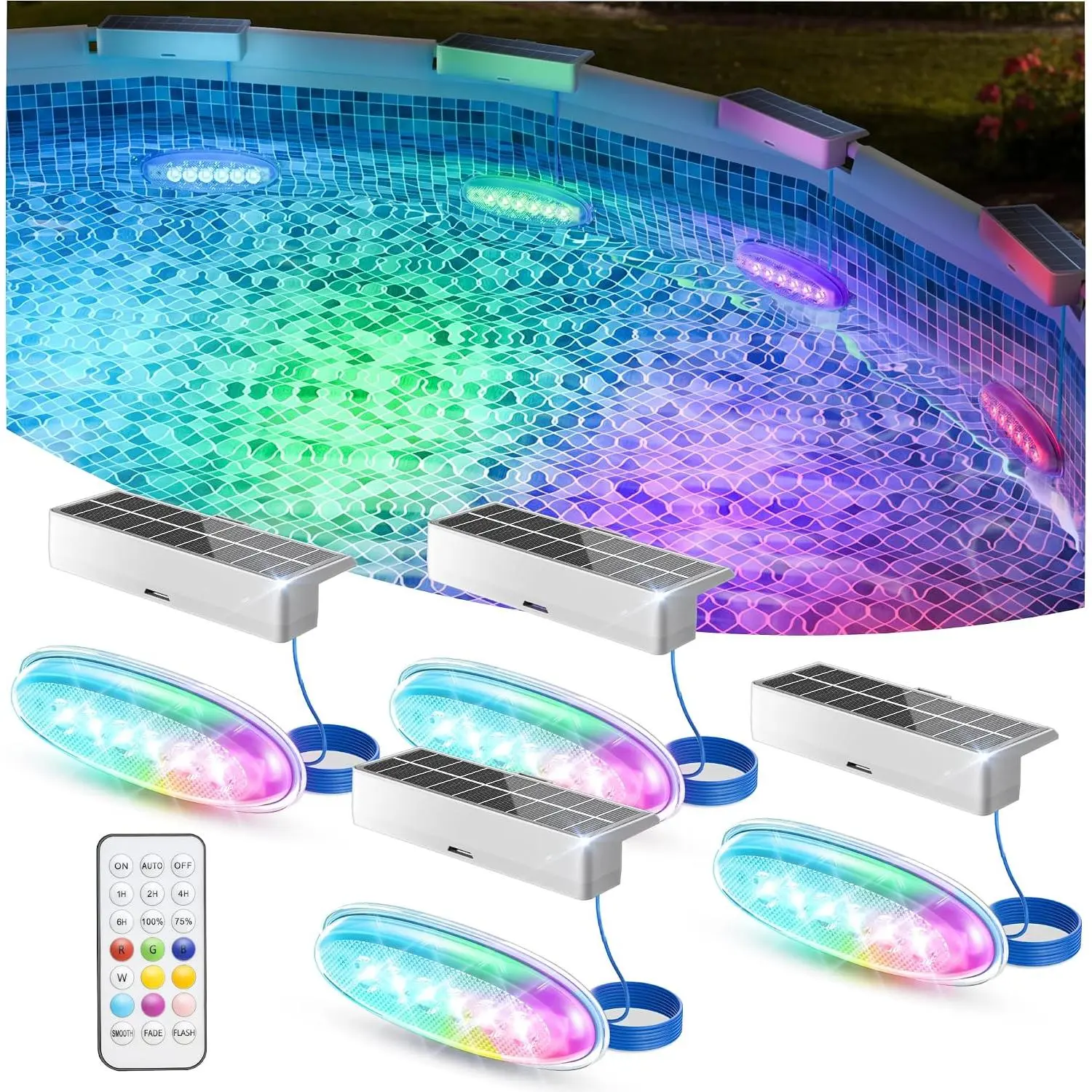 Solar Pool Lights for Above Ground & Inground Pools - IP68 Waterproof 9 RGB Color LED Pool Light with 3.6ft Cord & Remote, Underwater Lights for Pools/Pond Decor