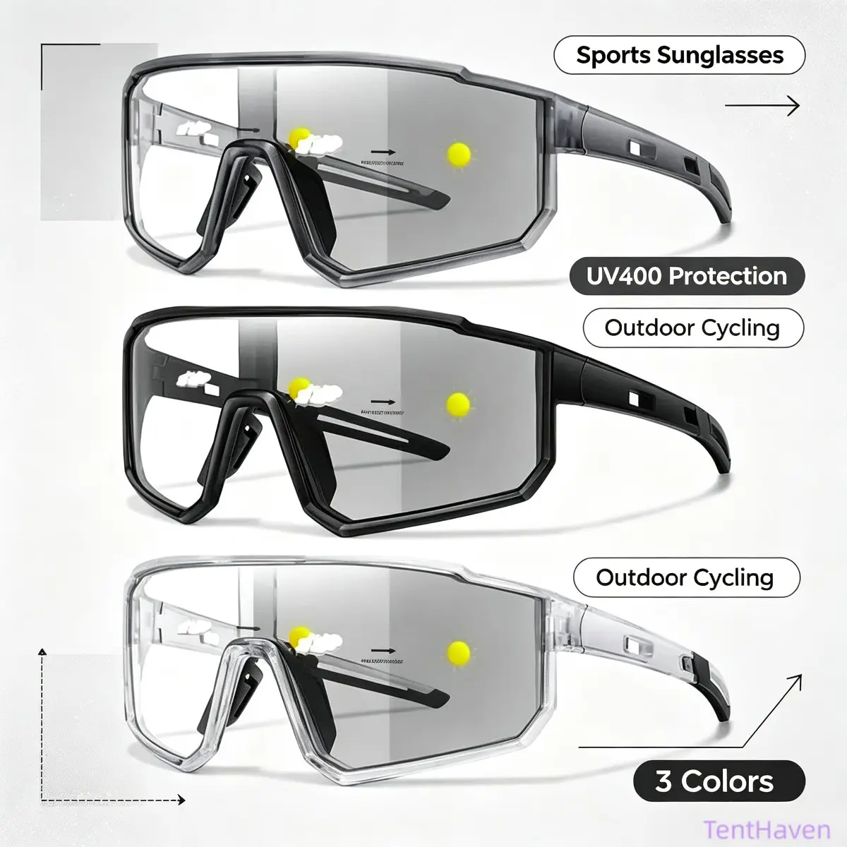 Unisex 3-Pack Photochromic Classic Frame Sports Sunglasses - Windproof, UV400 Protection for Outdoor Cycling, Travel, Daily Use