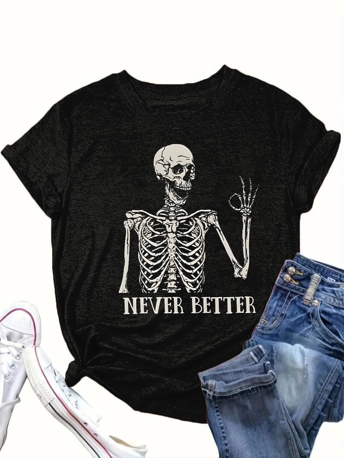 【Plus Size】 Letter & Skull Print Round Neck Tee, Casual Short Sleeve Crew Neck T-Shirt for Daily Wear, Women's Clothing for All Seasons, Halloween
