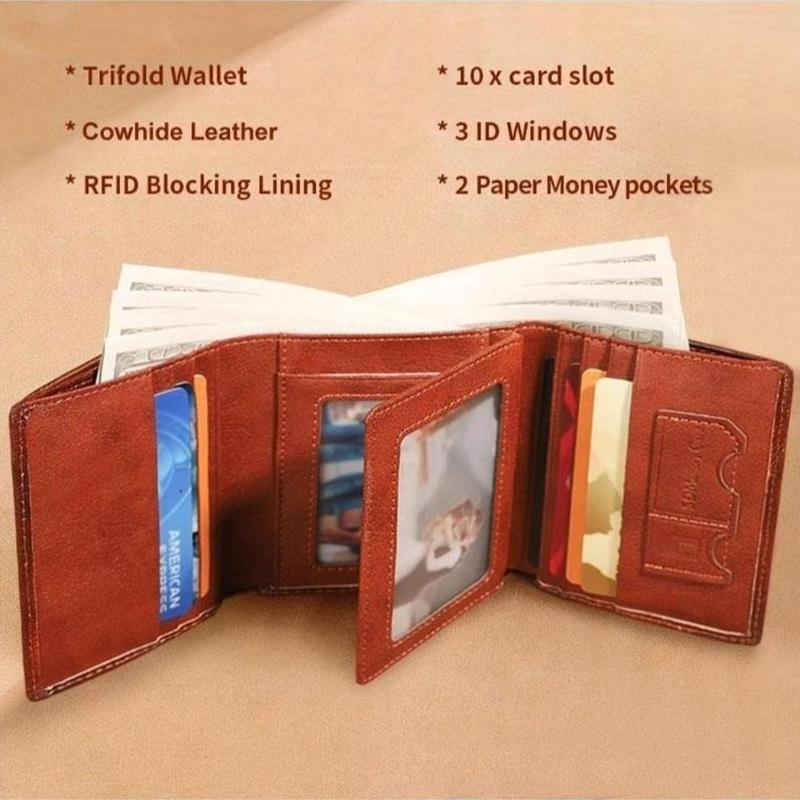 Premium Men’s Trifold Wallet - RFID Blocking Genuine Cowhide Leather, Dual ID Windows for Daily & Business Use
