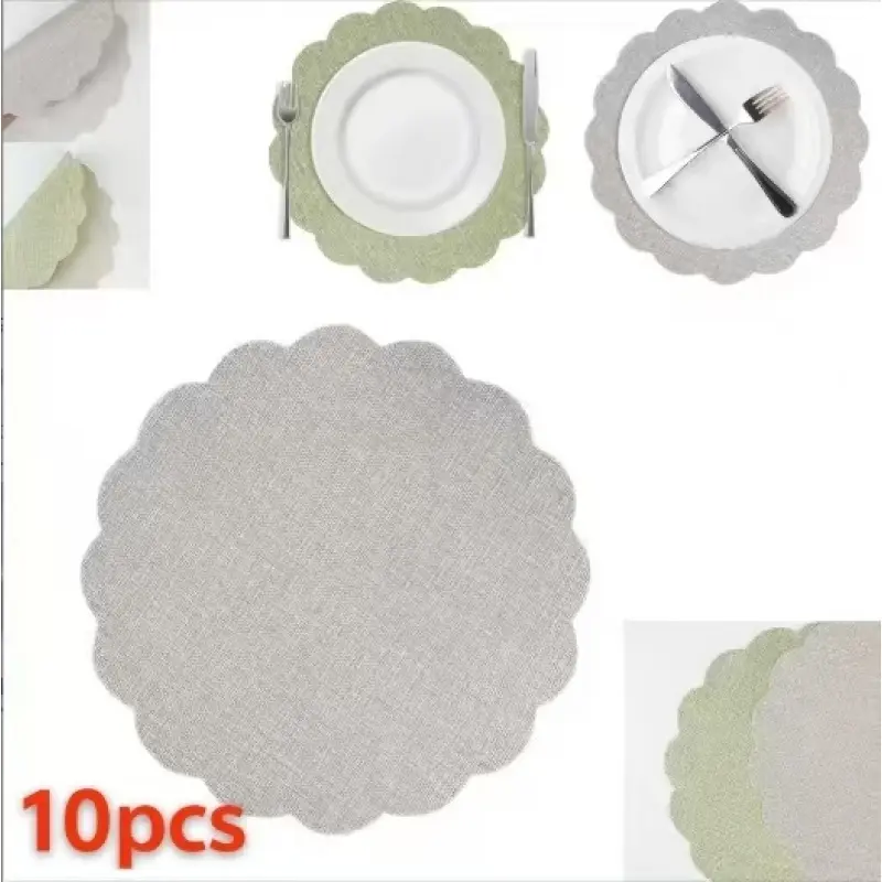 10pcs sage green/silver gray lace Table Placemats, flower-shaped placemats, 13.19-inch round autumn reusable wedding placemats, multicolor country-style dinner party holiday farmhouse decorations.