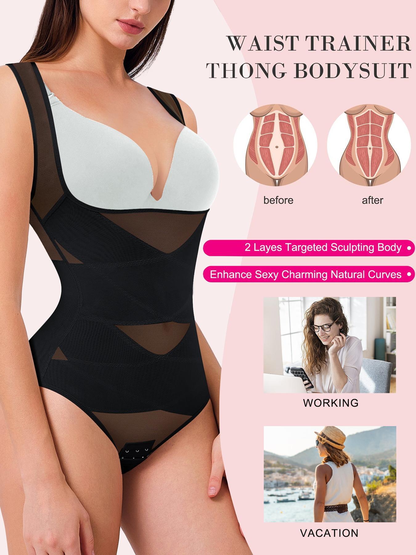 Women's Solid Color Hook-Eye Crotch Design Shapewear Bodysuit, Tummy Control High Stretch Shaper, Women's Shapewear for Daily Wear, Body Sculpting Compression