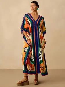 Women's Middle Eastern Muslim Traditional Long Robe Dress, Modest Muslim Clothing, Casual V-Neck Print Batwing Sleeve Beach Robe, Elegant Vacation Wear
