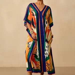 Women's Middle Eastern Muslim Traditional Long Robe Dress, Modest Muslim Clothing, Modest Style, Casual V-Neck Print Batwing Sleeve Beach Robe, Elegant Vacation Wear