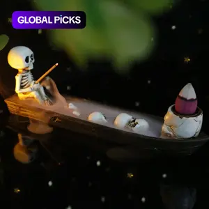 Creative Skeleton Fishing Boat Design Incense Burner, Backflow Smoke Effect Incense Burner with Incense Sticks & Fragrance Blocks, Halloween Gift, Scented, Aromatherapy Scent Diffuser, Home Fragrances, Incense Holder