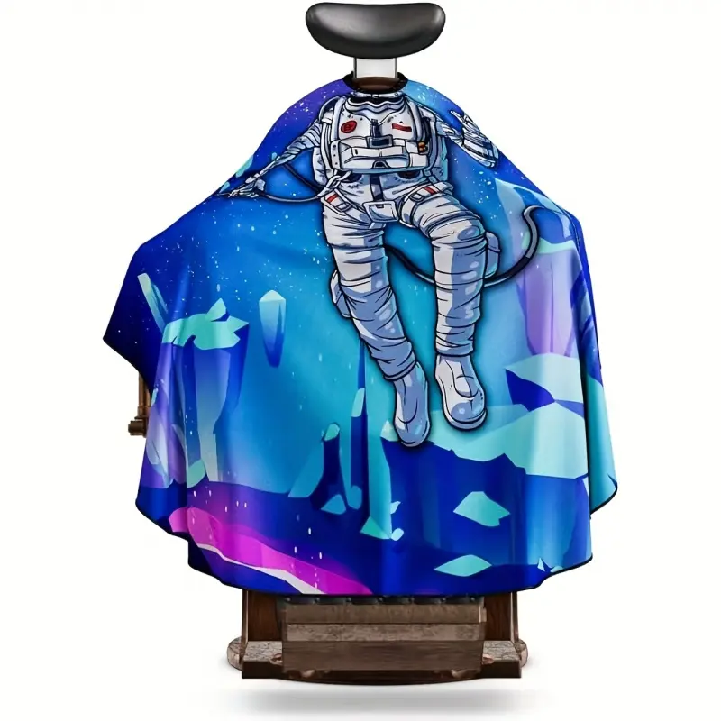 Astronaut Print Barber Cape - Blue Space-Themed Anti-Static Polyester Salon Apron with Vibrant Cosmic Pattern, Comfortable Neck & Shoulder Design for Home & Barbershop