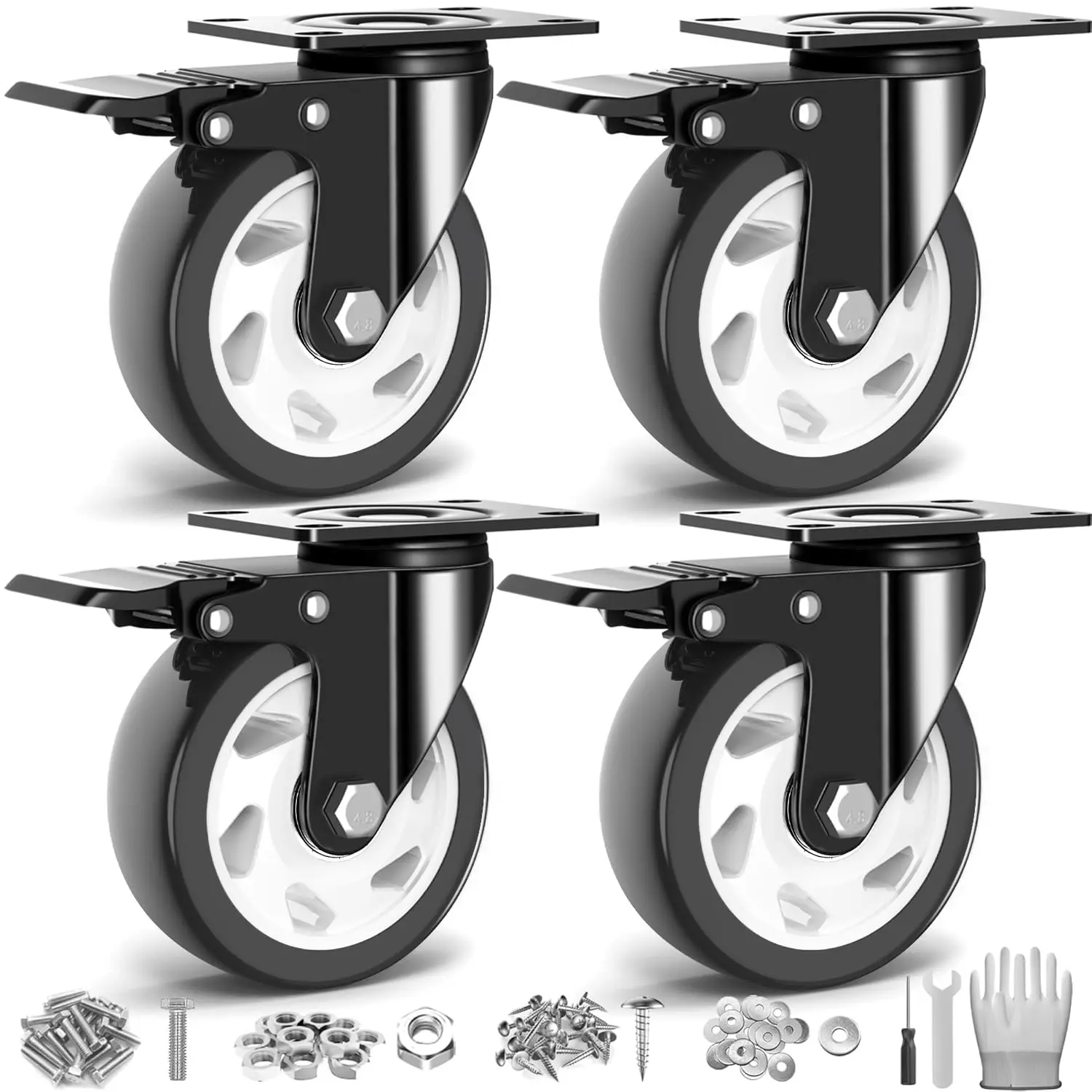 4 Inch Heavy Duty Caster Wheels 2200Lbs, Swivel Casters Set of 4 with Safety Locking, Industrial Plate Caster Wheels for Furniture, Cart, Workbench(Free Screws and Spanner)
