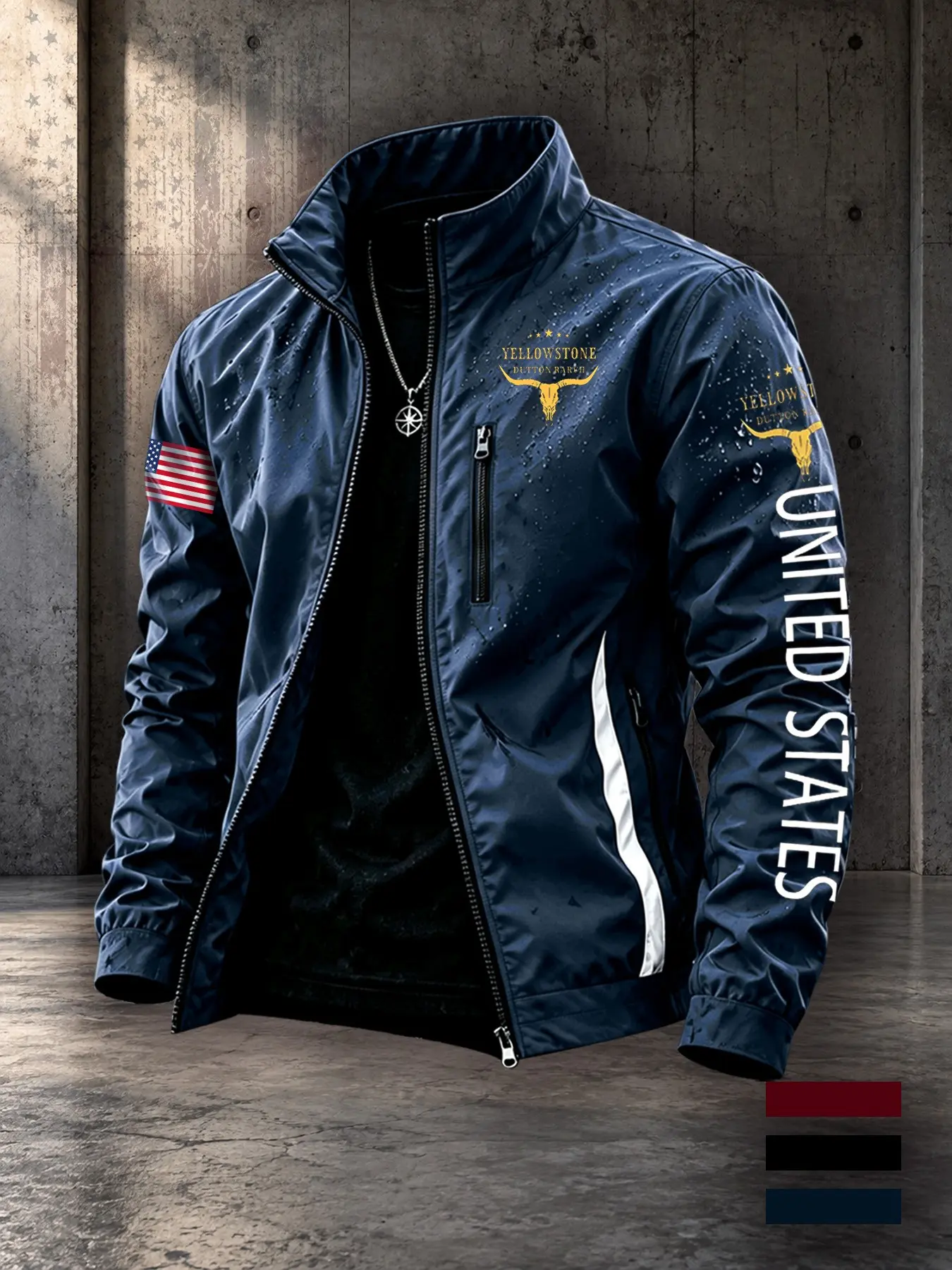 Men's Outdoor Stand Collar Jacket, Windproof Waterproof Lightweight Zipper Coat, Hiking Camping, Mountain Map Print, Yellowstone Bison Print, Outdoor Sports Jackets