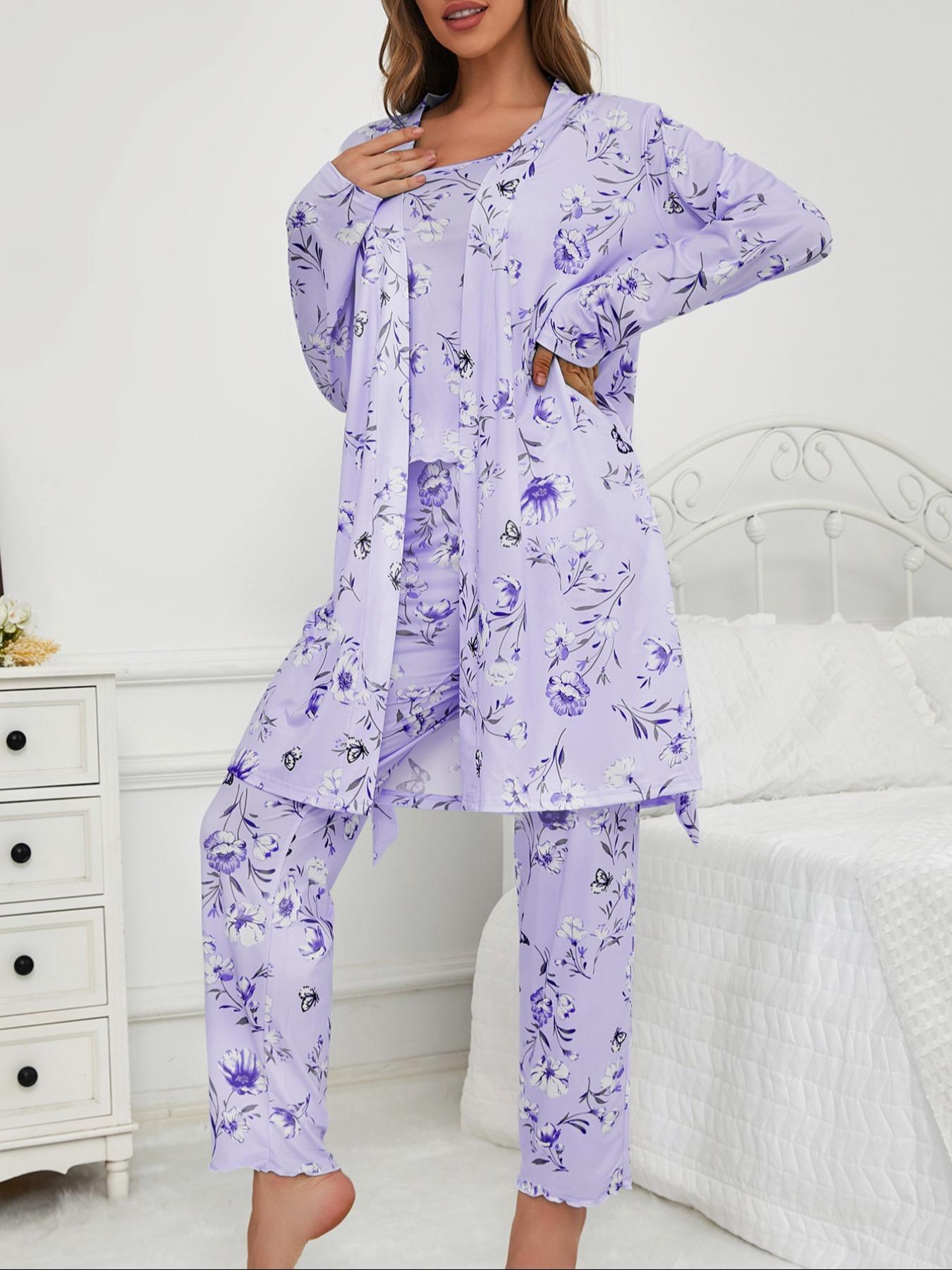 Three-Piece Set Women's Floral Butterfly Print Lettuce Trim Belted Lounge Robe & Cami Top & Pants Pyjama Set, Casual Comfy Three-piece Sleepwear Set for Women, Ladies Sleepwear for All Seasons, Pajama Set