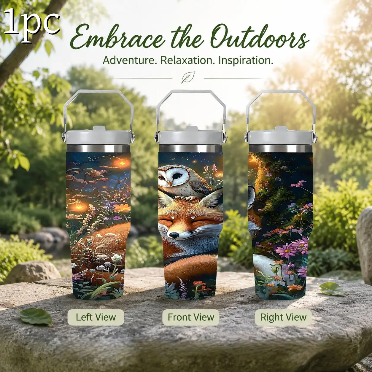 1pc 30oz Starry Woodland Red Fox & Barn Owl Floral All Over Print Portable Insulated Cup, Double Wall Stainless Steel Leak Proof Travel Mug, Long Heat Cold Retention For Hiking Fishing, Temperature Retention Outdoor Travel Gift For Forest Wildlife Fans