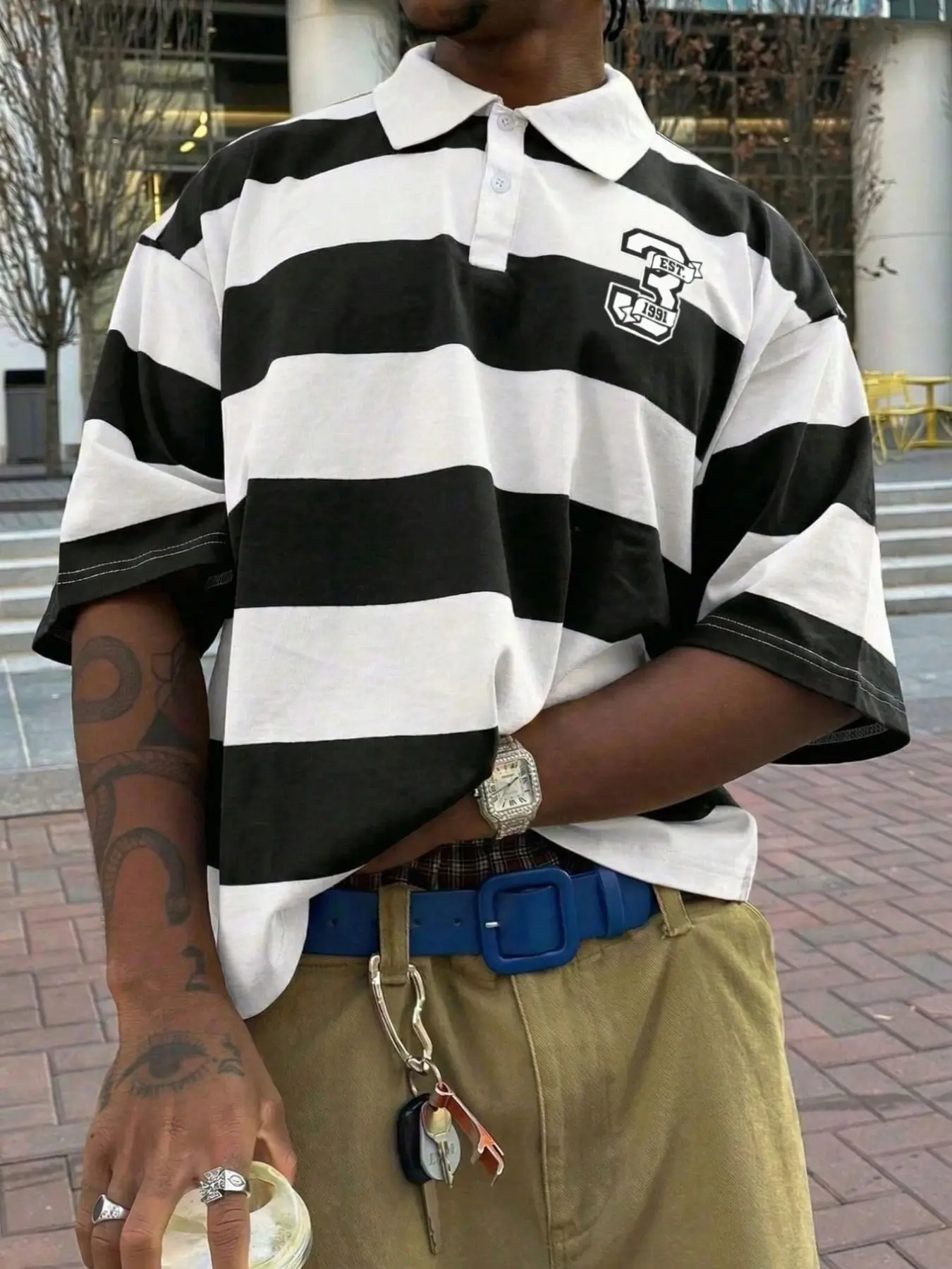 Y2K Aesthetic Men's Oversized Striped Buttoned Polo Shirt - Black and White Horizontal Stripe Short Sleeve Top, American High Street Skater Streetwear Brand, Perfect for Summer Casual Daily Wear.