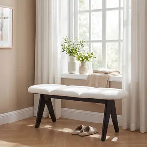 ARCH Upholstered Bench with Black Wood Legs White Fabric Seat Solid & Manufactured Wood Construction 250 LBS Capacity 53 Inch Entryway Bench for Living Room Bedroom Hallway Indoor Use, Home Furniture and Household Product Search Terms