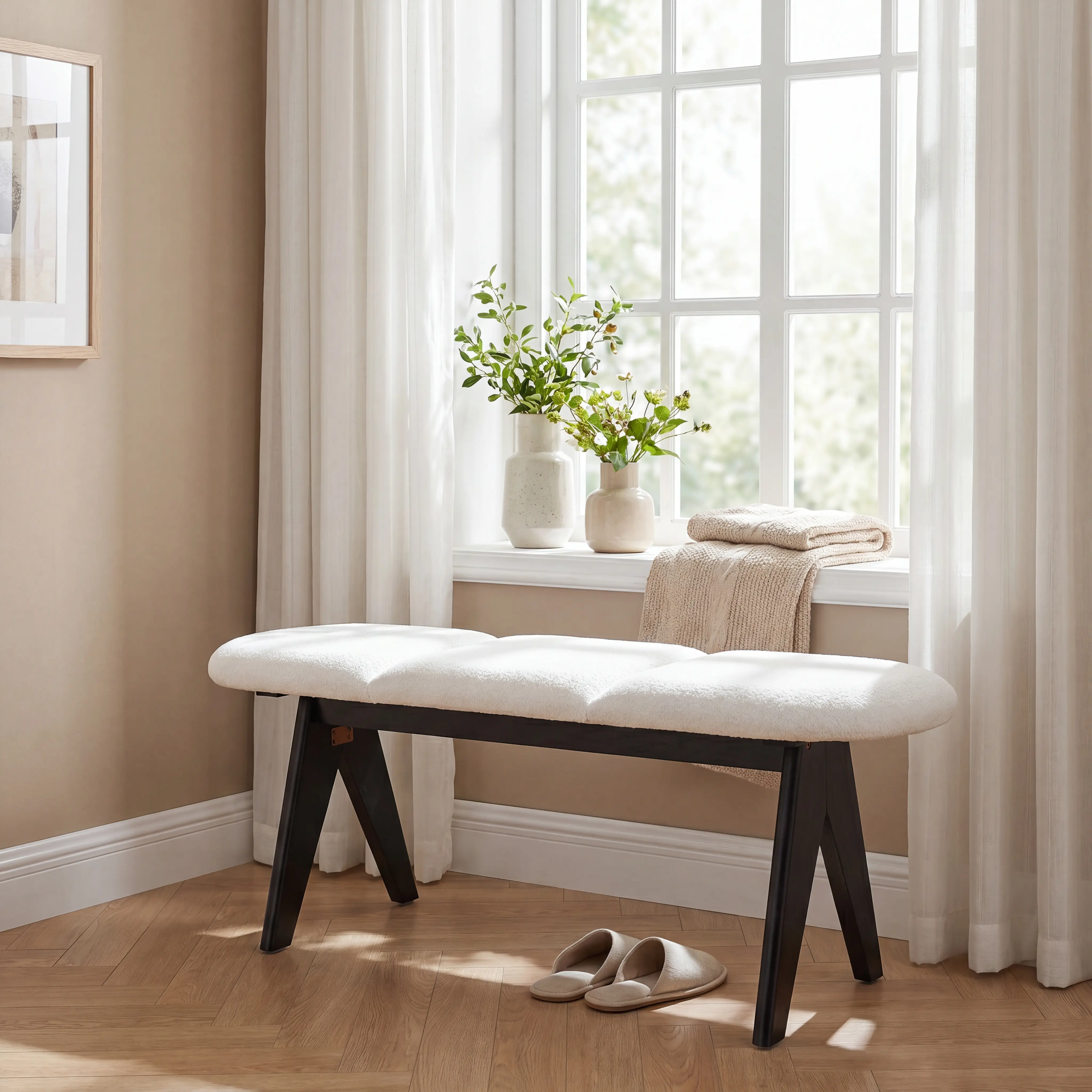 ARCH Contemporary Upholstered Bench - 53" Long White Fabric Seat, Black Wood Legs, Sturdy Wood Frame, 250 LBS Capacity, Indoor Furniture for Bedroom, Hallway, Living Room
