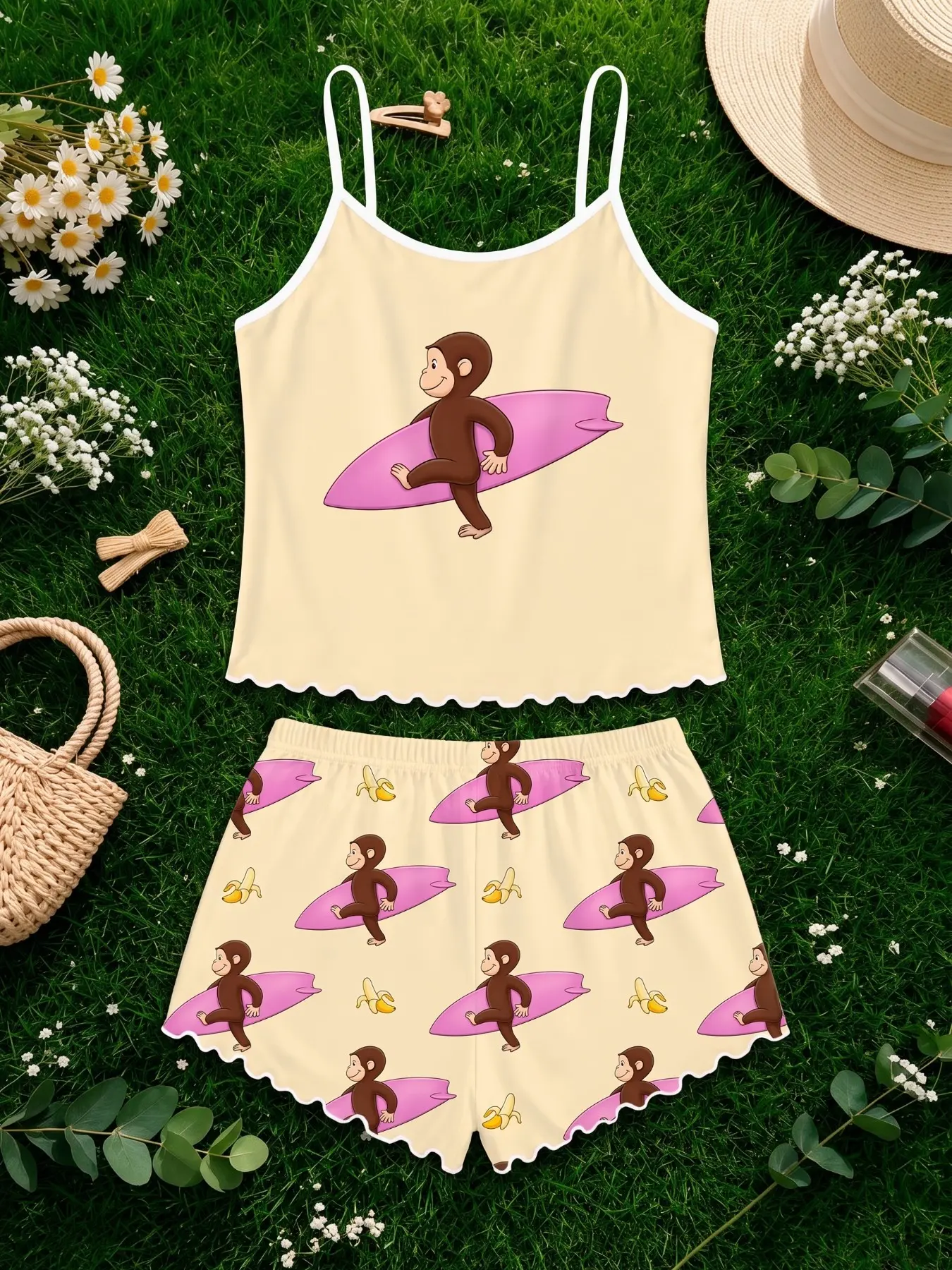 Women's Casual Sleeveless Pajama Set, George Monkey Print, Comfortable Home Wear, Loose-Fitting, Above the Knee, Daily & Night Relaxation