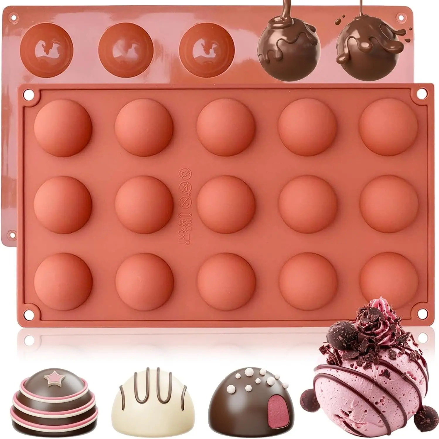 2pcs 15-Piece Semi-Circle Chocolate Silicone Mold, DIY Candy Molds, High-Temperature Baking Tool for Cake, Pudding, Jelly, Mousse