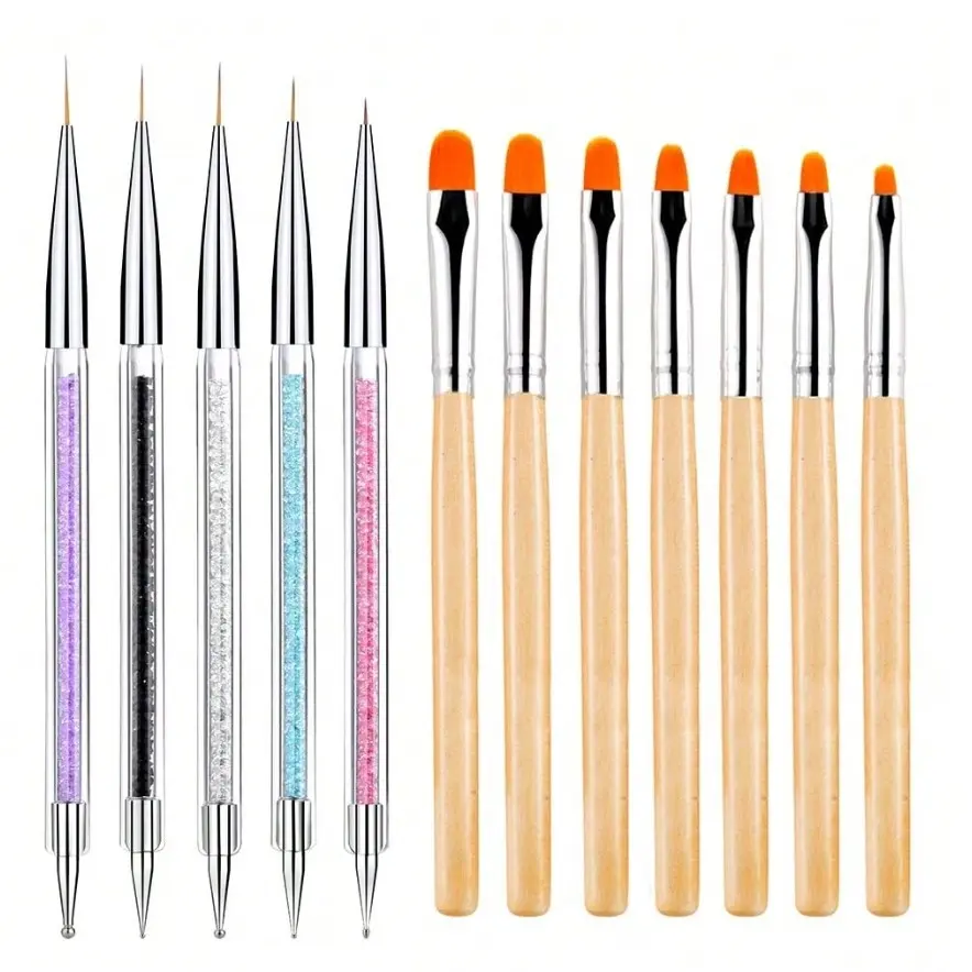 Landot 5pcs Double-Ended Nail Art Brushes, 7pcs Gel Nail Brush Set, Ideal for Nail Tips, Builder, Overlay, Sculpting, Professional Nail Art Kit