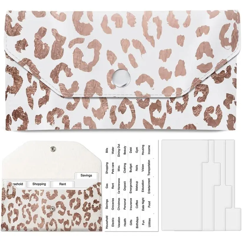 Envelope Wallet,  Budget  Wallet, Cute PU Leather  Saving Wallet with 4 Dividers & 1 Sheet Category Stickers Snow Leopard Spots