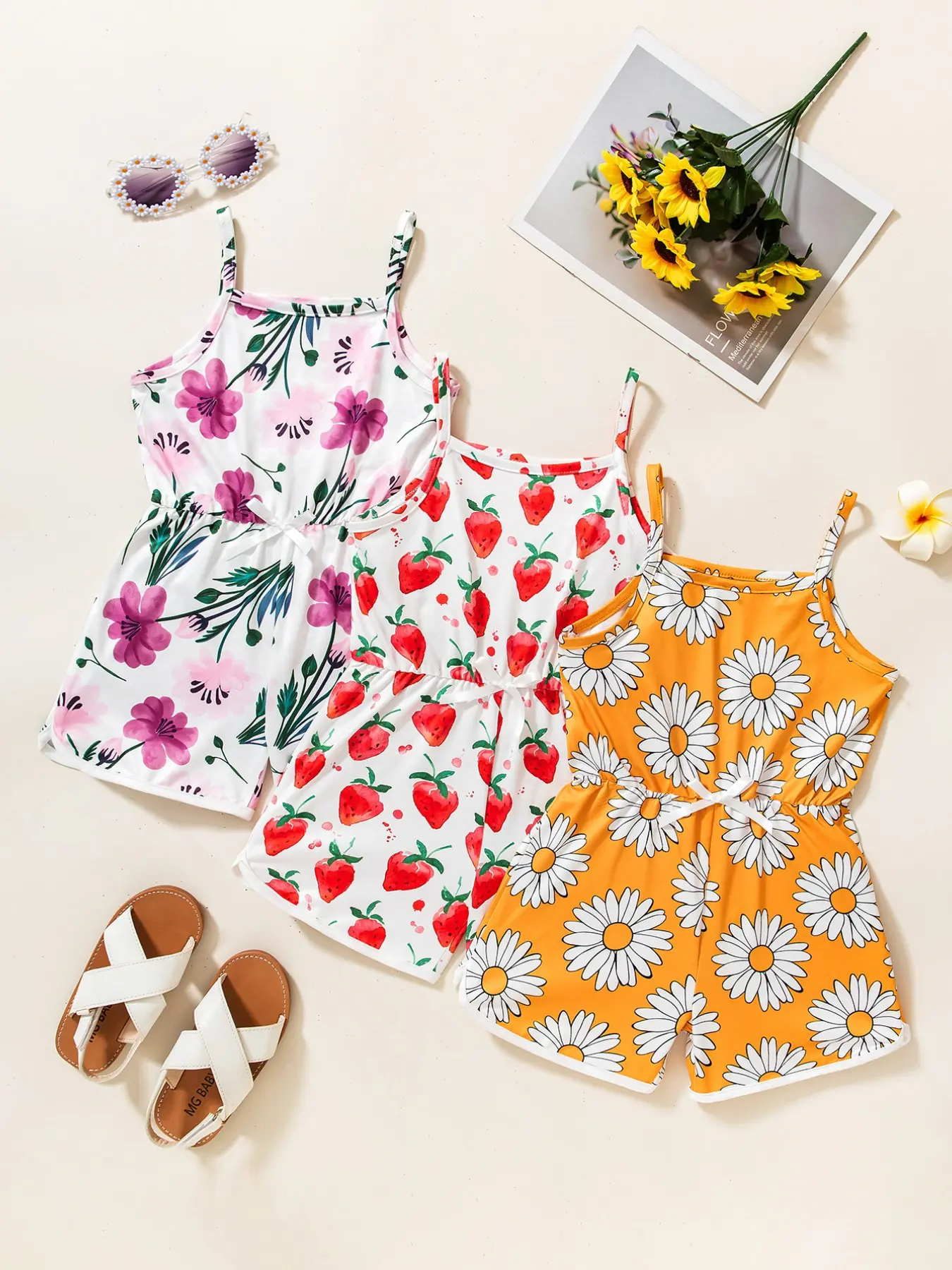 Toddler Girls 3-Pack Sleeveless Rompers (90-130cm), Floral/Strawberry/Daisy Print Spaghetti Strap Jumpsuits with Waist Tie, Lightweight Casual Playsuits for Summer Vacation & Beach